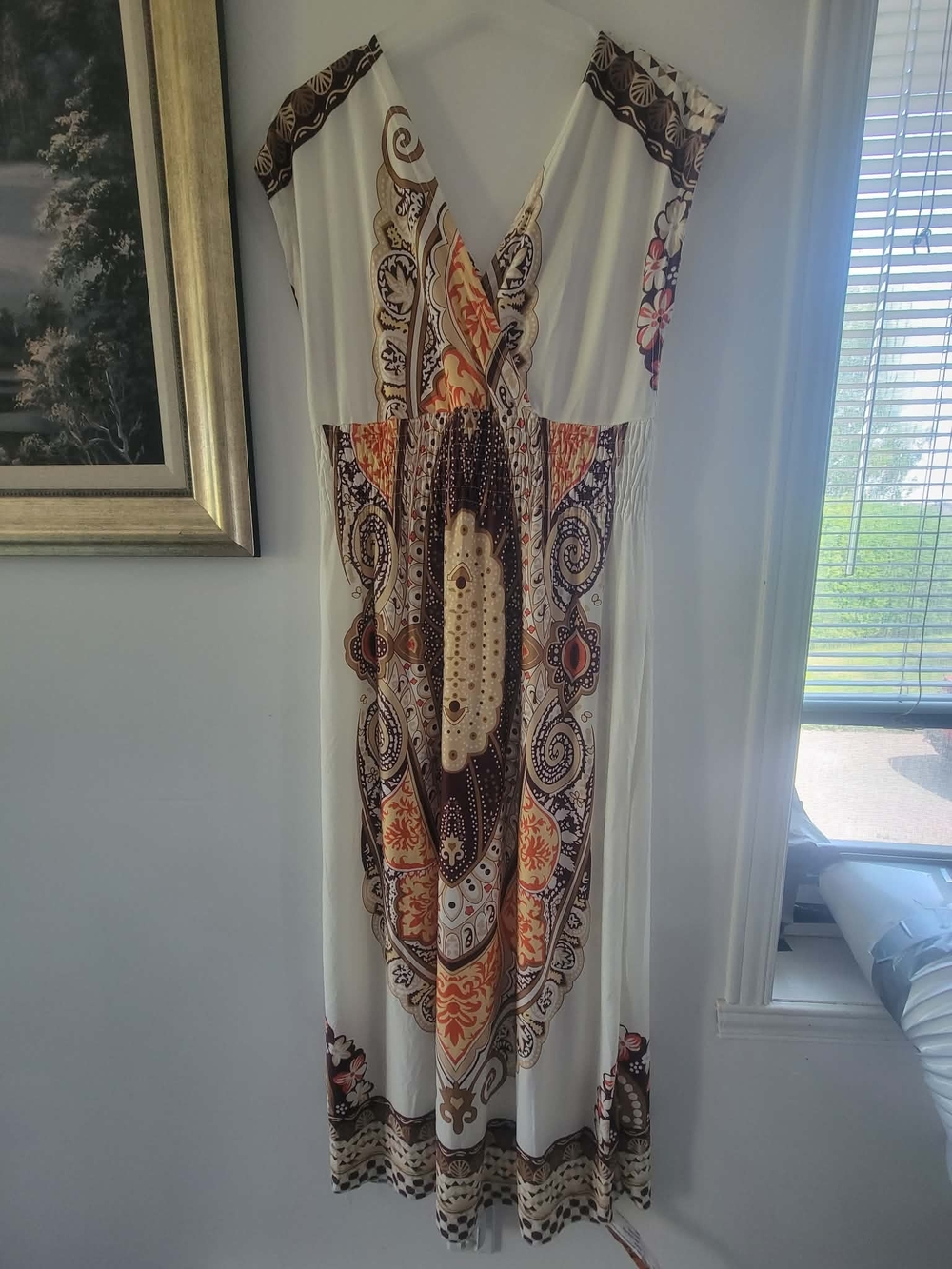 Paisley-Print Maxi Dress in Cream with Brown & Orange Accents